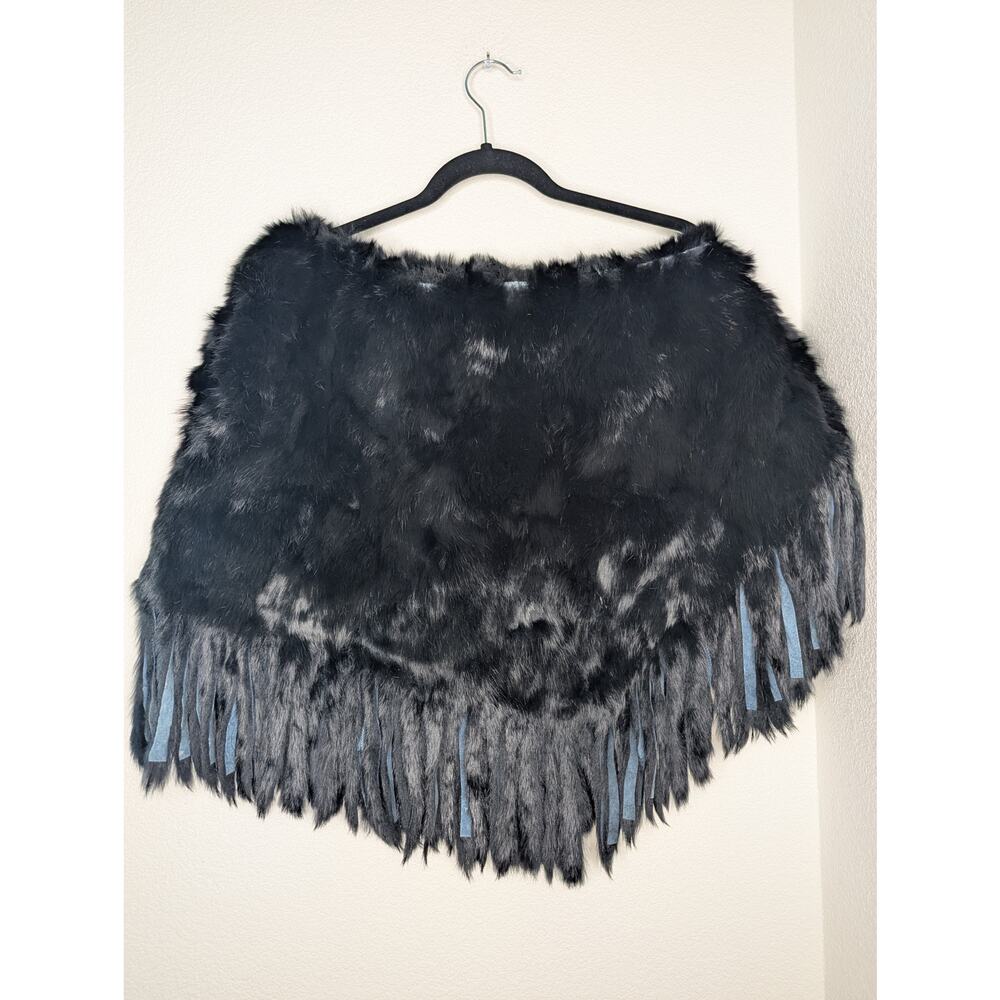 Blanc Noir Real Rabbit Luxury Fur  Black Fringe Poncho OS Mob Festival Mob Wife